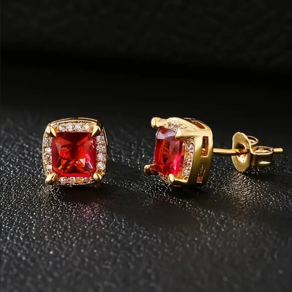 14K Gold Mens Square 2ct Red Ruby Gemstone 1ct Diamond Stud Earrings Jewelry NEW - Picture 2 of 7
